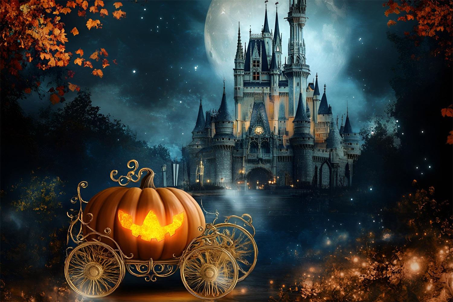 Halloween Hintergrund für Fotos Kürbis Kutsche Schloss Hintergrund GQ6-185