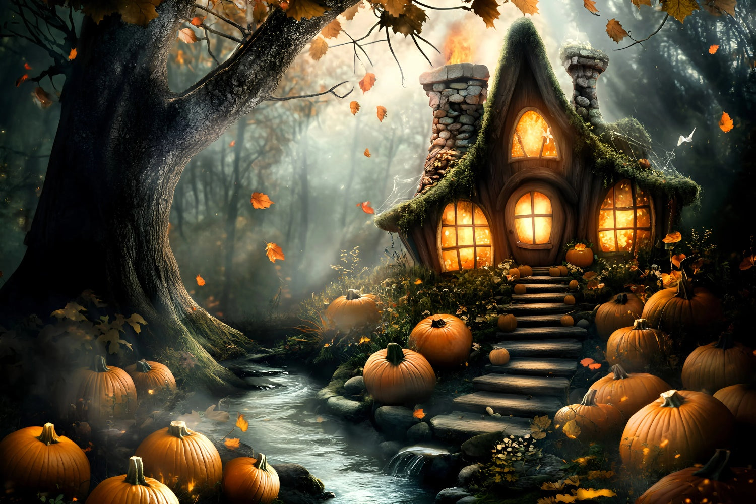 Waldhintergrund Gespenstische Kürbishütte Halloween-Hintergrund GQ6-195