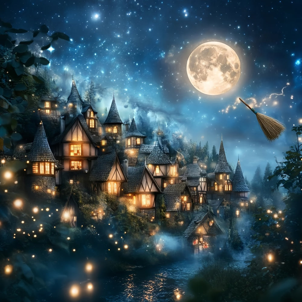 Halloween Mond Hintergrund Dämmerung Magisches Dorf Hintergrund GQ6-196