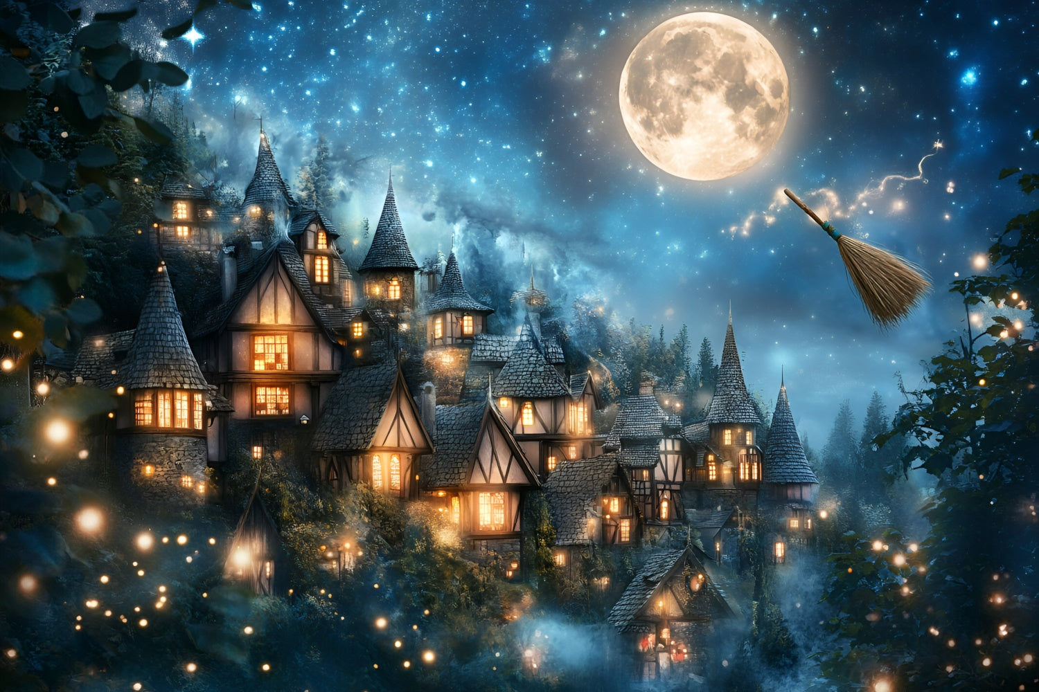 Halloween Mond Hintergrund Dämmerung Magisches Dorf Hintergrund GQ6-196
