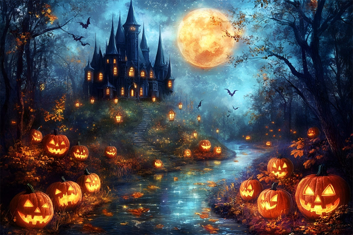 Halloween Mond Hintergrund Haunted Castle Kürbis Hintergrund GQ6-206
