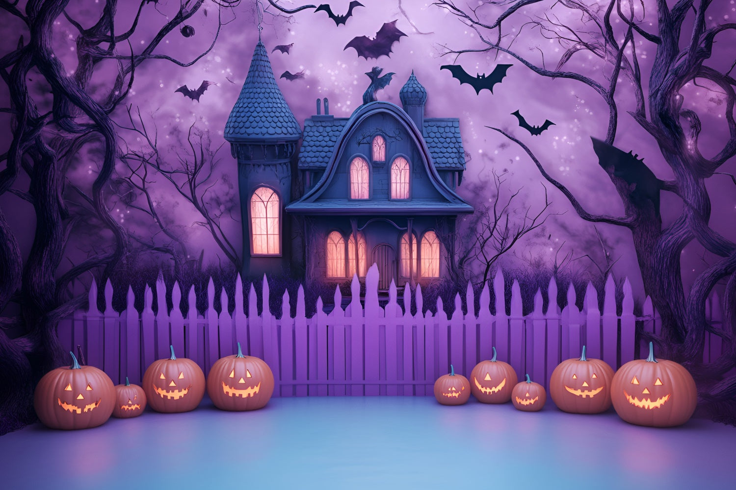 Gruselige Halloween-Hintergrundkulisse Creepy Purple Haunted House Backdrop GQ6-227