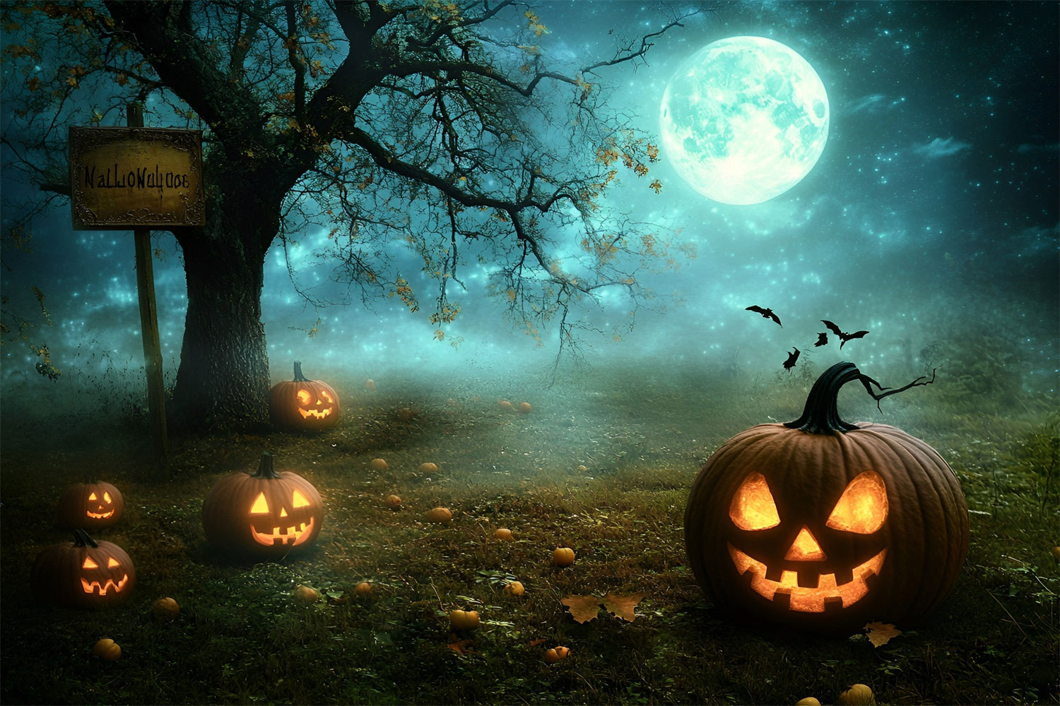 Halloween Fotokulissen Mondlicht Kürbis Hain Hintergrund GQ6-237