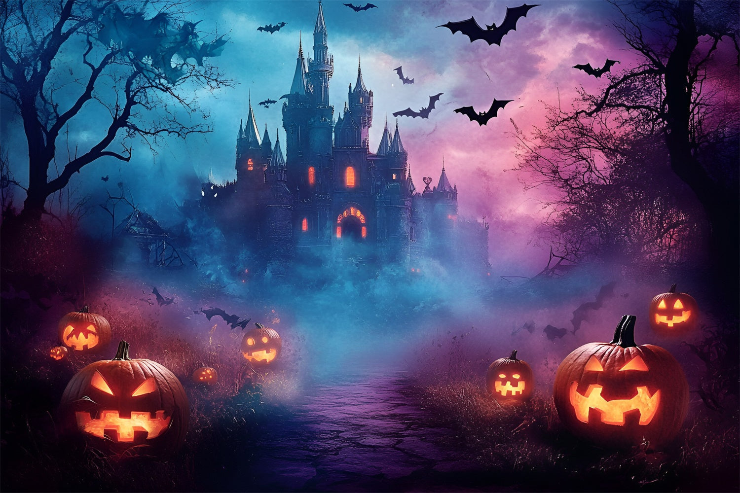 Halloween Fotohintergrund Gespenstisches Nebelschloss Nachthintergrund GQ6-242