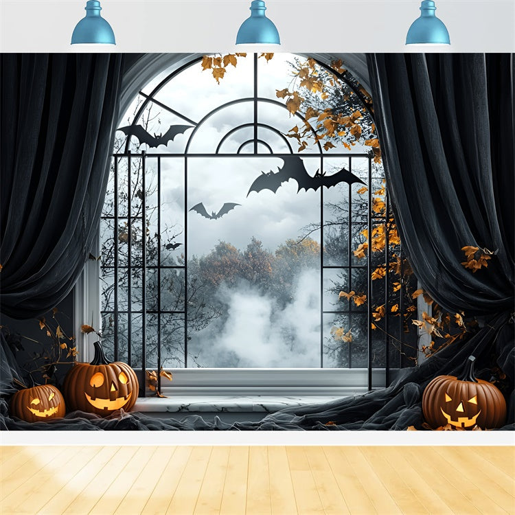 Halloween Fotohintergrund Spukfenster Fledermausflug Hintergrund GQ6-244