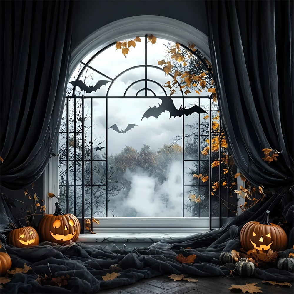 Halloween Fotohintergrund Spukfenster Fledermausflug Hintergrund GQ6-244