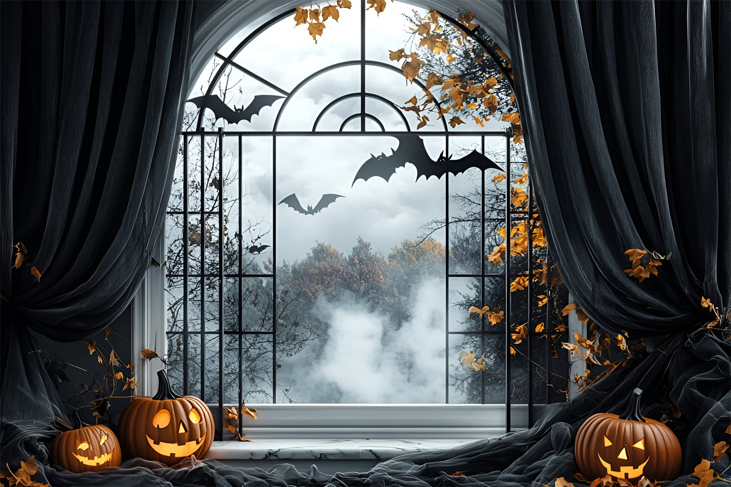 Halloween Fotohintergrund Spukfenster Fledermausflug Hintergrund GQ6-244
