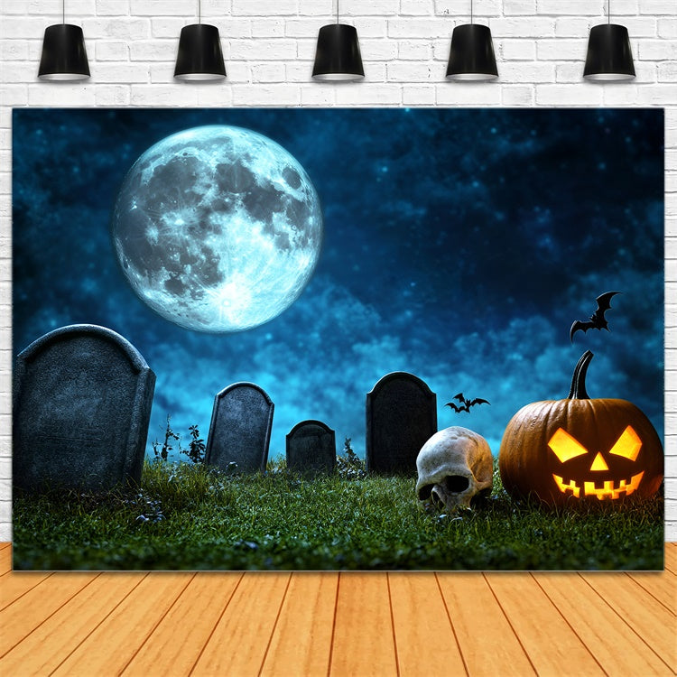 Halloween-Friedhof-Hintergrund Vollmond-Kürbis-Totenkopf-Hintergrund GQ6-246