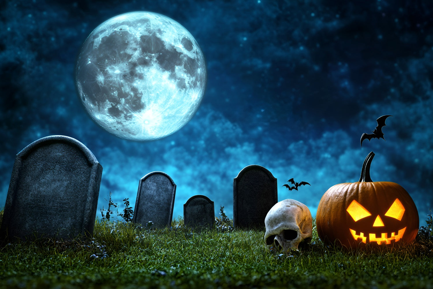 Halloween-Friedhof-Hintergrund Vollmond-Kürbis-Totenkopf-Hintergrund GQ6-246