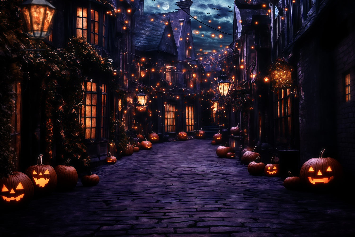 Halloween Backdrops Gespenstische Laterne Dorf Nacht Backdrop GQ6-249