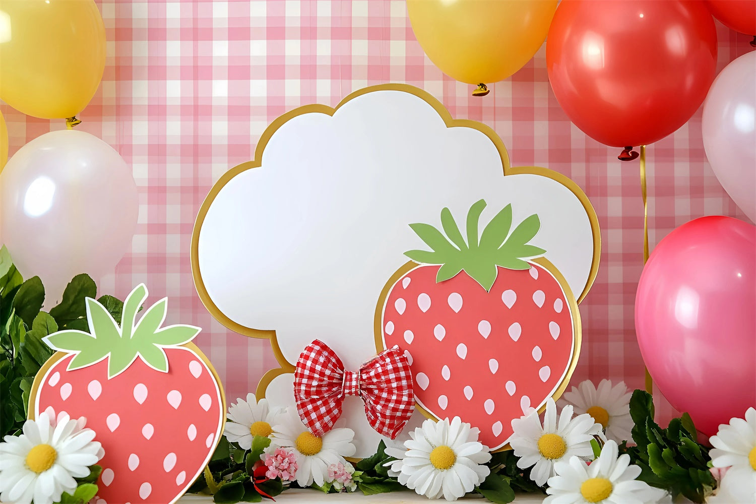 Backdrop für Geburtstag Rosa Gingham Erdbeer Hintergrund GQ6-295