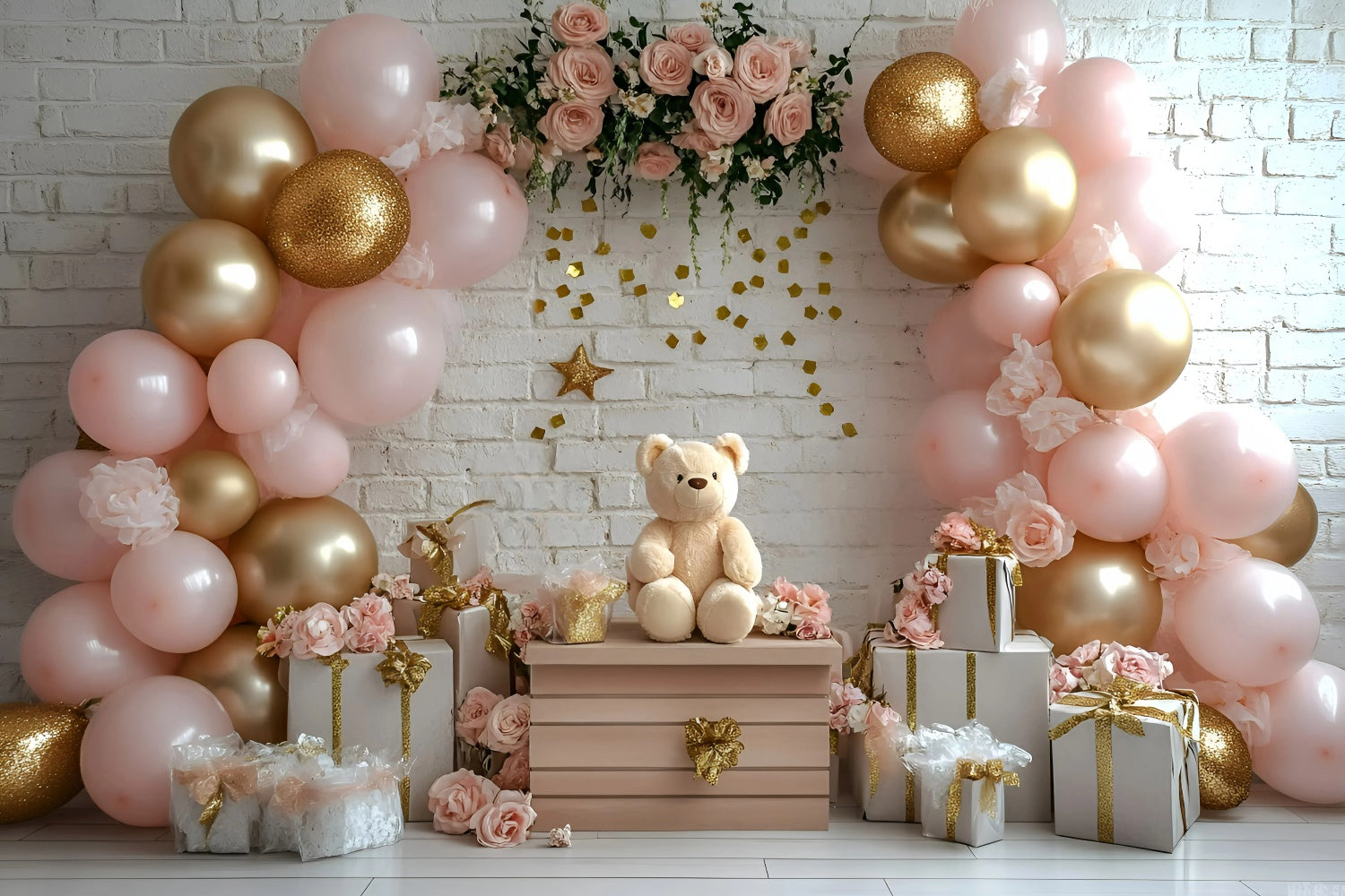 Cake Smash Backdrop Mädchen Rosa Rose Bär Backdrop GQ6-322