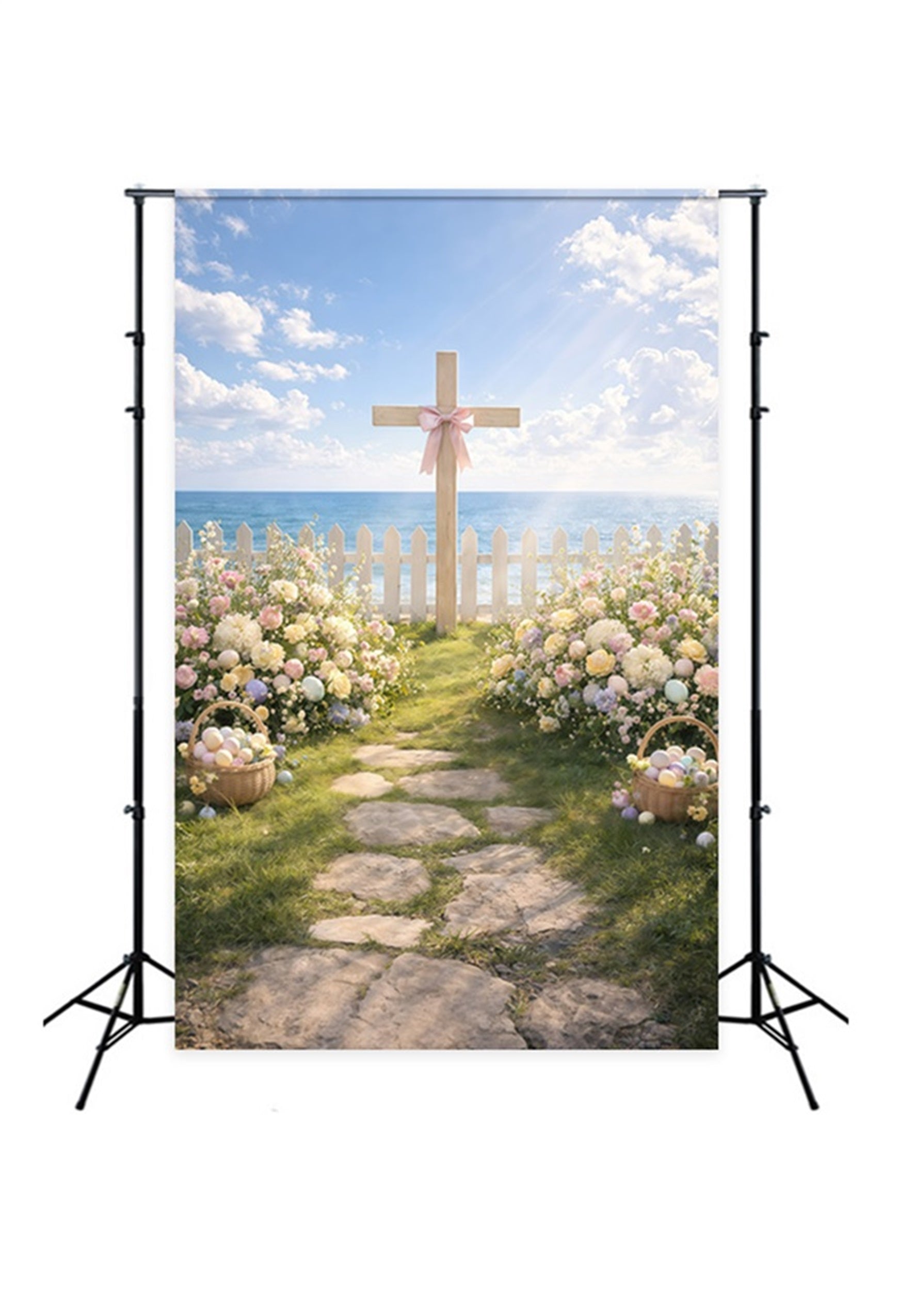 Oster-Hintergründe mit religiösem Motiv Kreuz am Meer Gartenweg-Hintergrund für Osterbilder GQ61-11