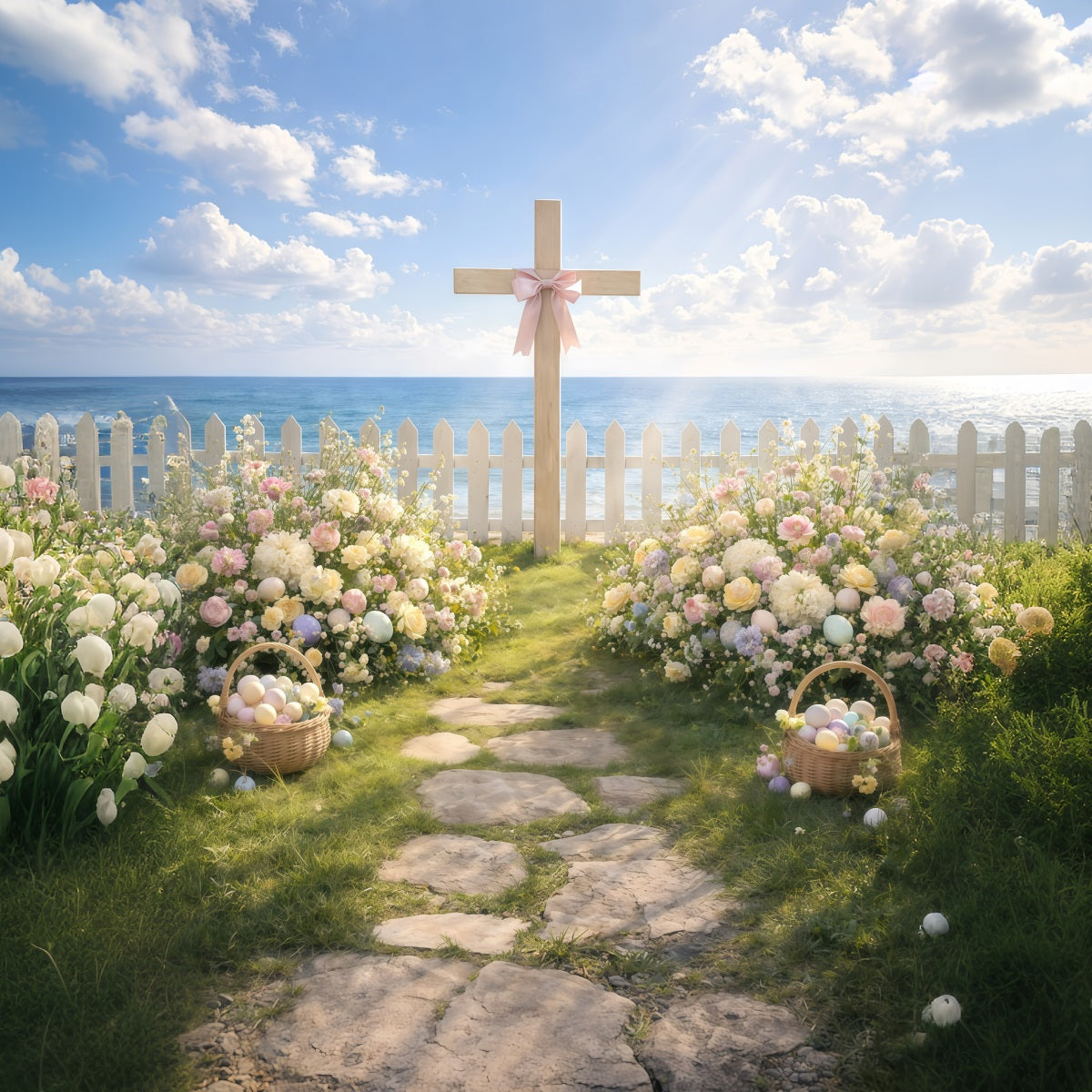 Oster-Hintergründe mit religiösem Motiv Kreuz am Meer Gartenweg-Hintergrund für Osterbilder GQ61-11