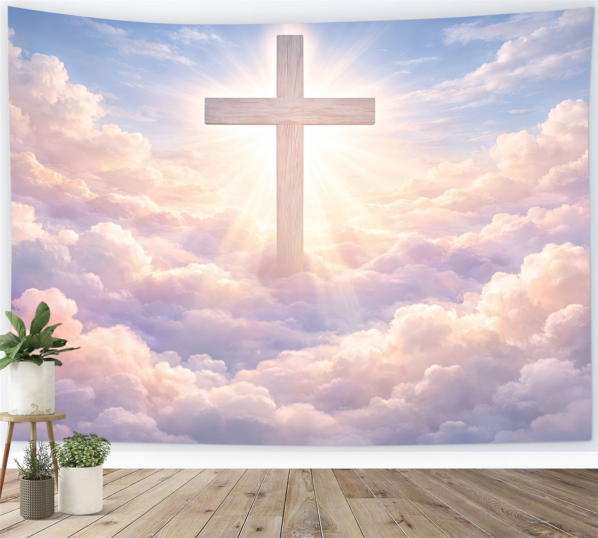 Oster-Fotohintergründe Kirche Strahlendes Kreuz Himmlische Wolken Oster-Hintergrund GQ61-14