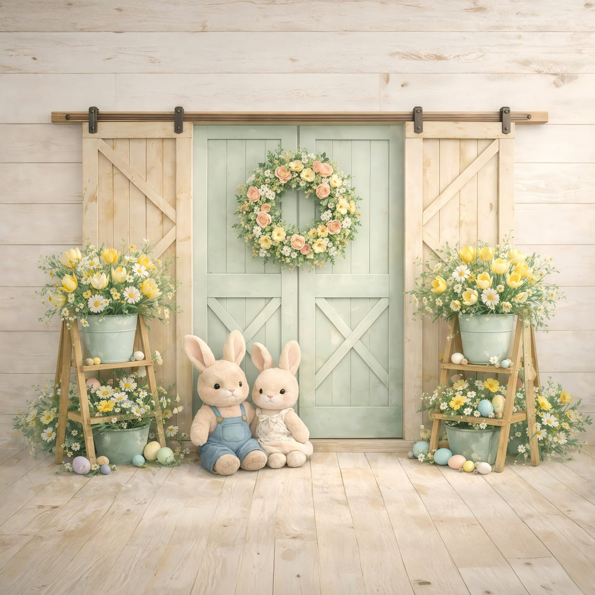 Peter Rabbit Fotohintergrund Pastellfarbener Hasenstall Türen Osterbild Hintergrundideen GQ61-16