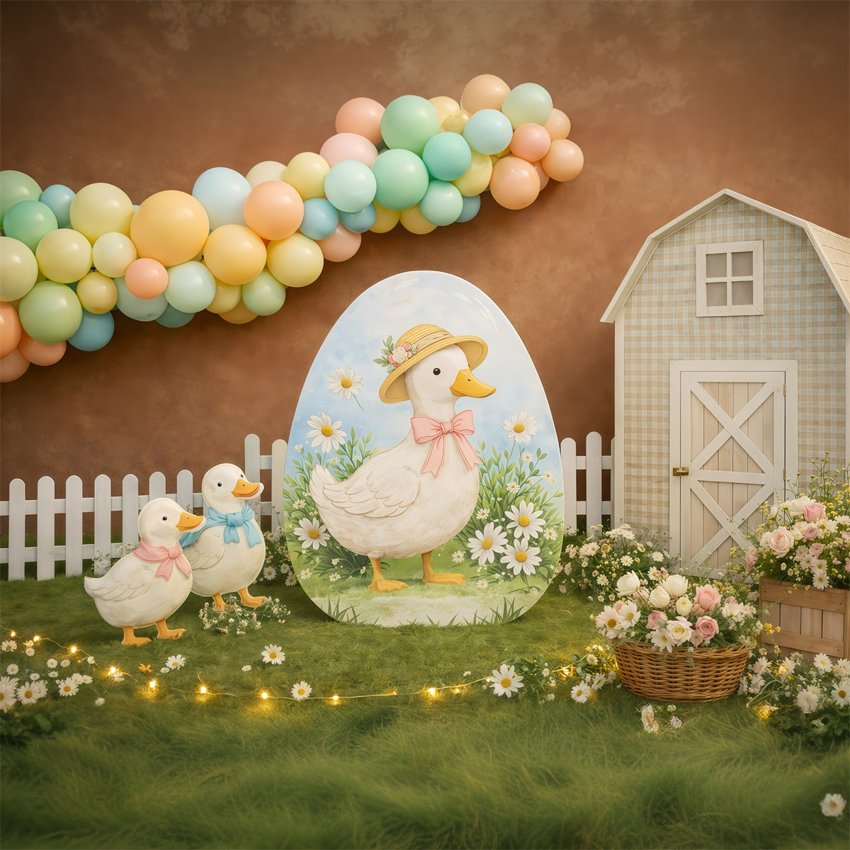 Oster-Hintergrund mit Luftballons Niedliche Entenfarm Gänseblümchen-Hintergrund für Ostern GQ61-22
