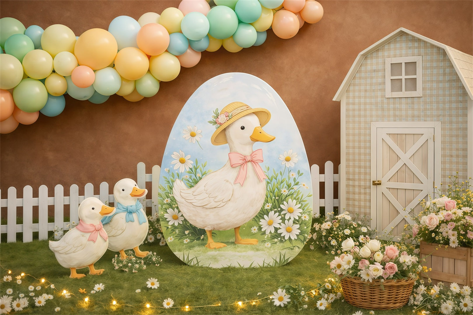 Oster-Hintergrund mit Luftballons Niedliche Entenfarm Gänseblümchen-Hintergrund für Ostern GQ61-22