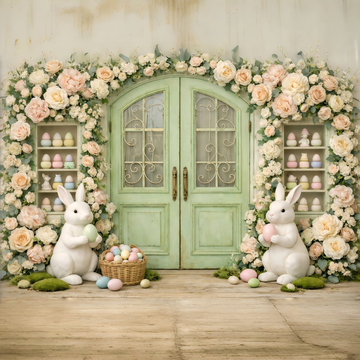 Fotografie Osterhase-Hintergrund Vintage-Garten-Kranz Türöffnung Oster-Themenhintergrund GQ61-29