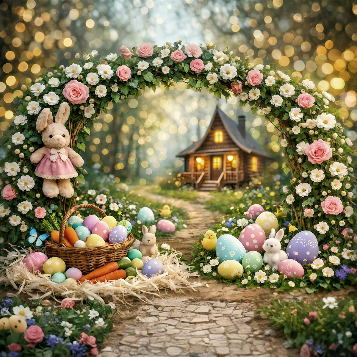 Oster-Bokeh-Hintergrund Zauberwald Hase Cottage Osterhintergründe für Fotos GQ61-31
