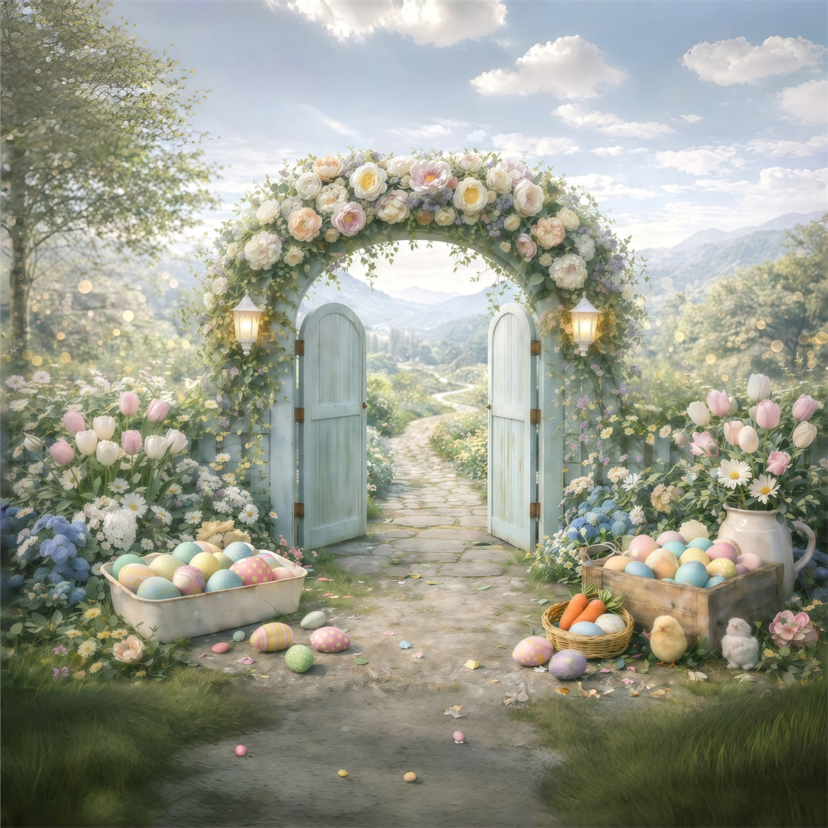 Osterblumenhintergrund Frühlingsgartenbogen Eingang Eier-Fotohintergrund Ostern GQ61-44