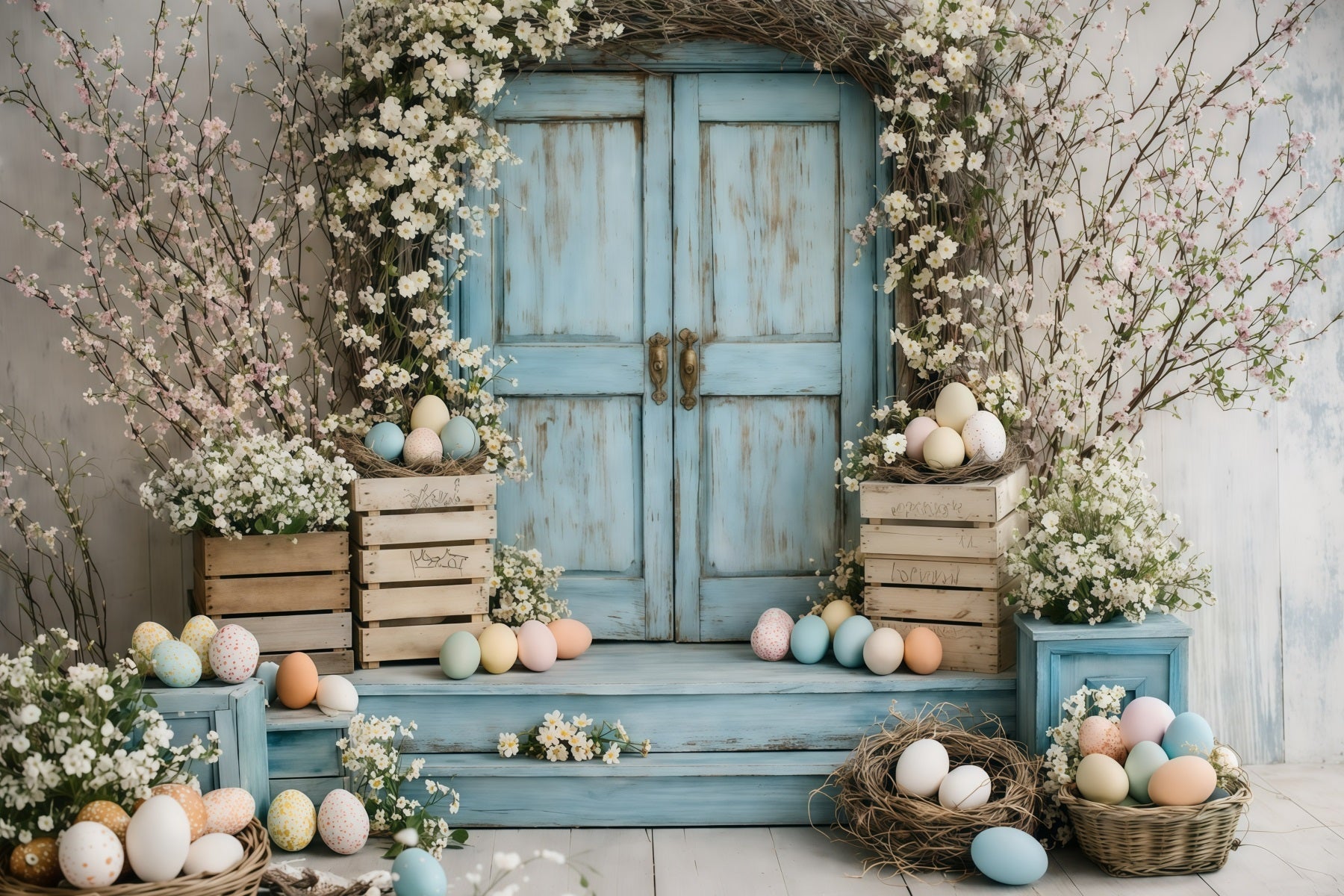 Osterblumenhintergrund Vintage Blaue Tür Blüten Hintergründe für Osterbilder GQ61-46