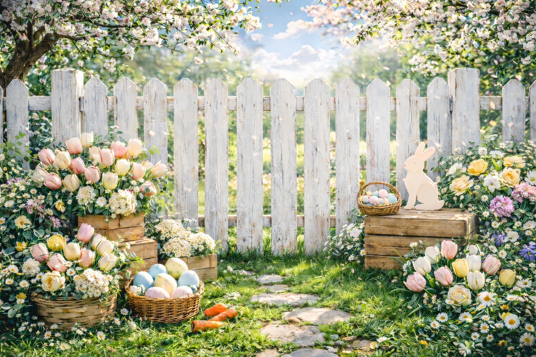 Oster-Frühlingshintergrund Garten-Lattenzaun Kirschblüten-Osterhintergrund Foto GQ61-50