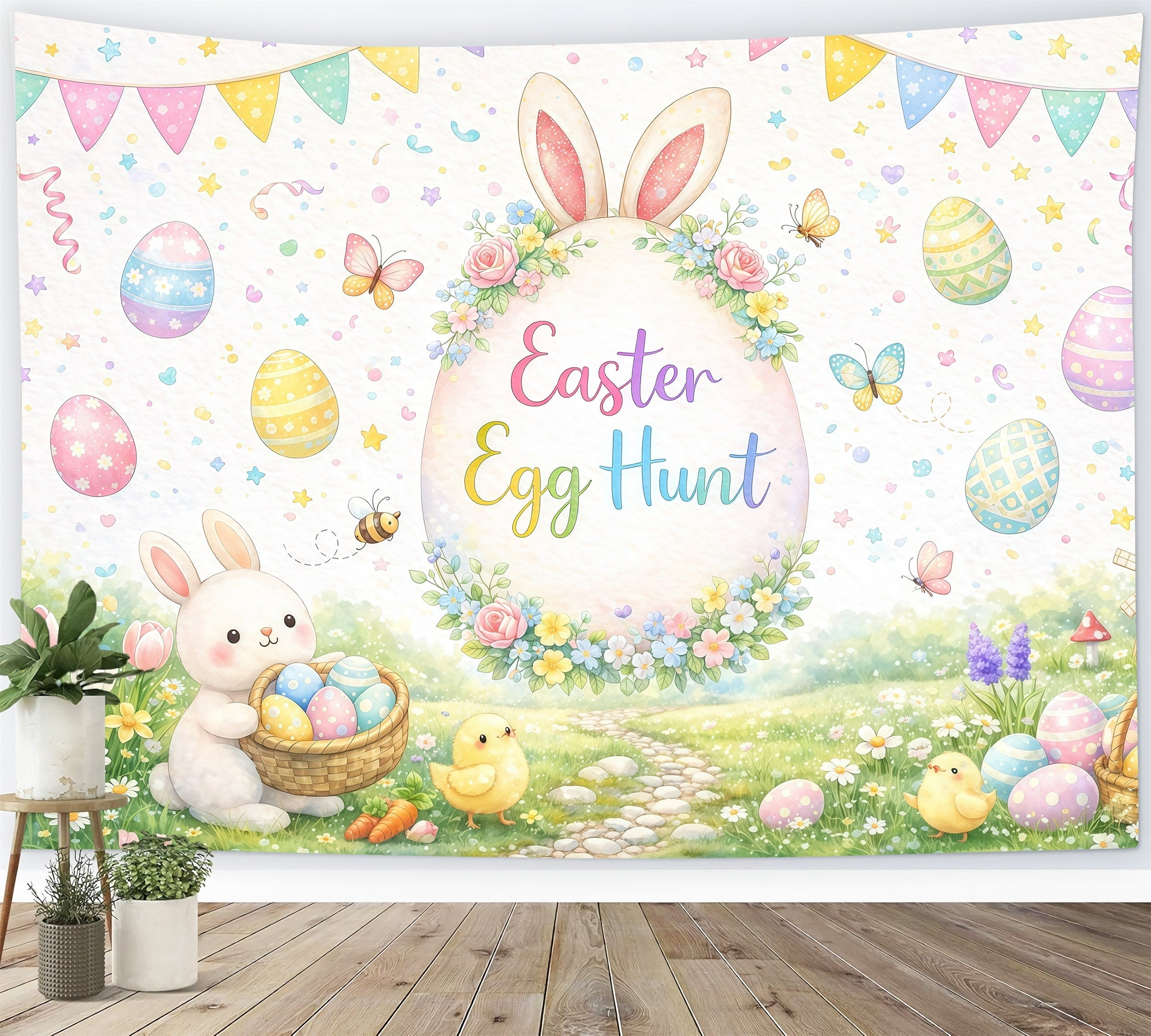 Oster-Eiersuche-Hintergrund Aquarell Garten Hase Küken Oster-Hintergründe GQ61-54