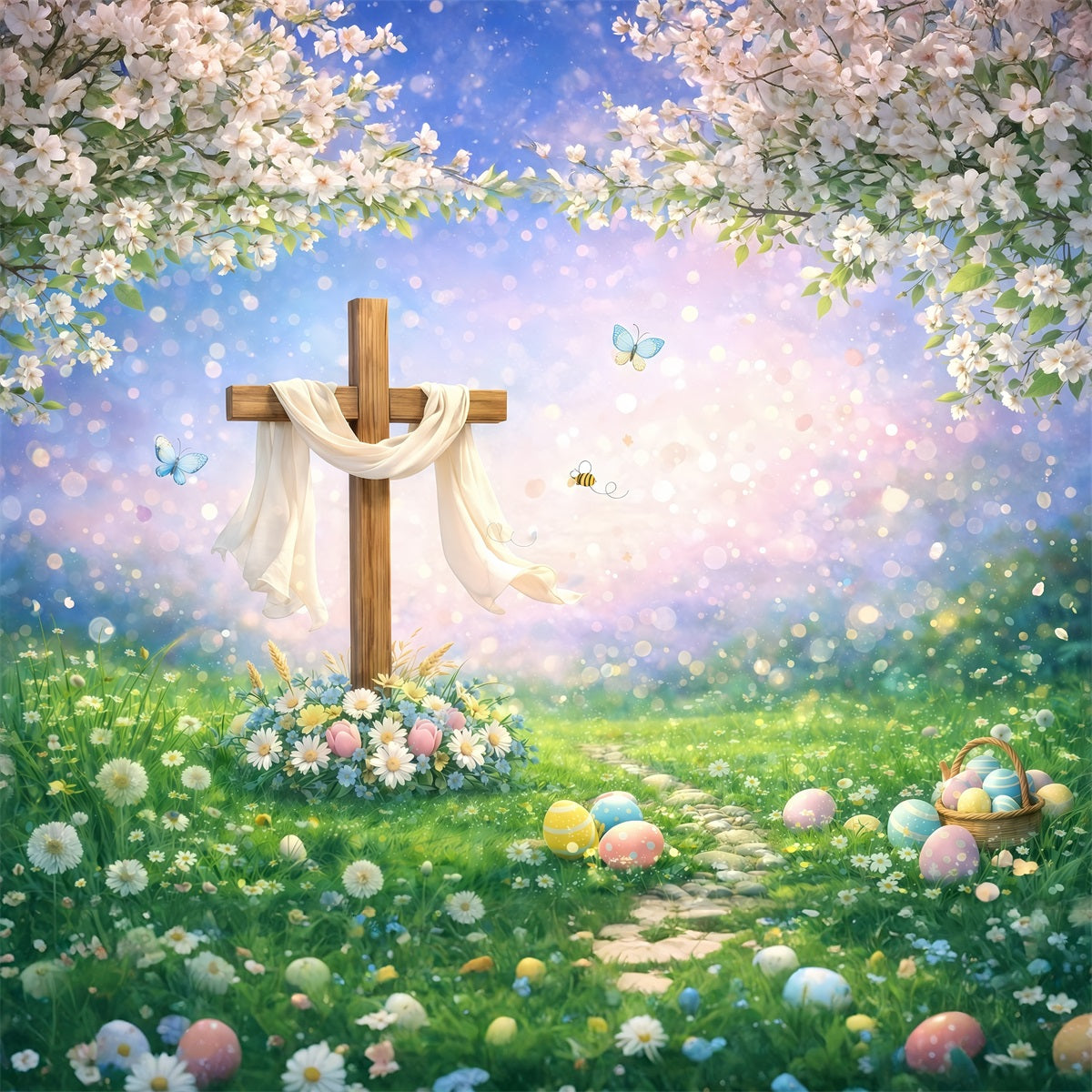 Oster-Hintergrund Religion Holzkreuz Frühlingswiese Bokeh Oster-Hintergründe Ideen GQ61-55
