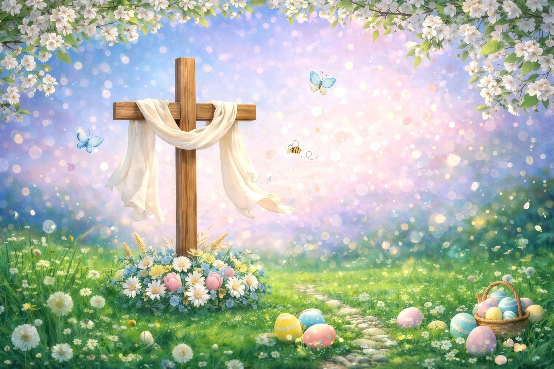 Oster-Hintergrund Religion Holzkreuz Frühlingswiese Bokeh Oster-Hintergründe Ideen GQ61-55