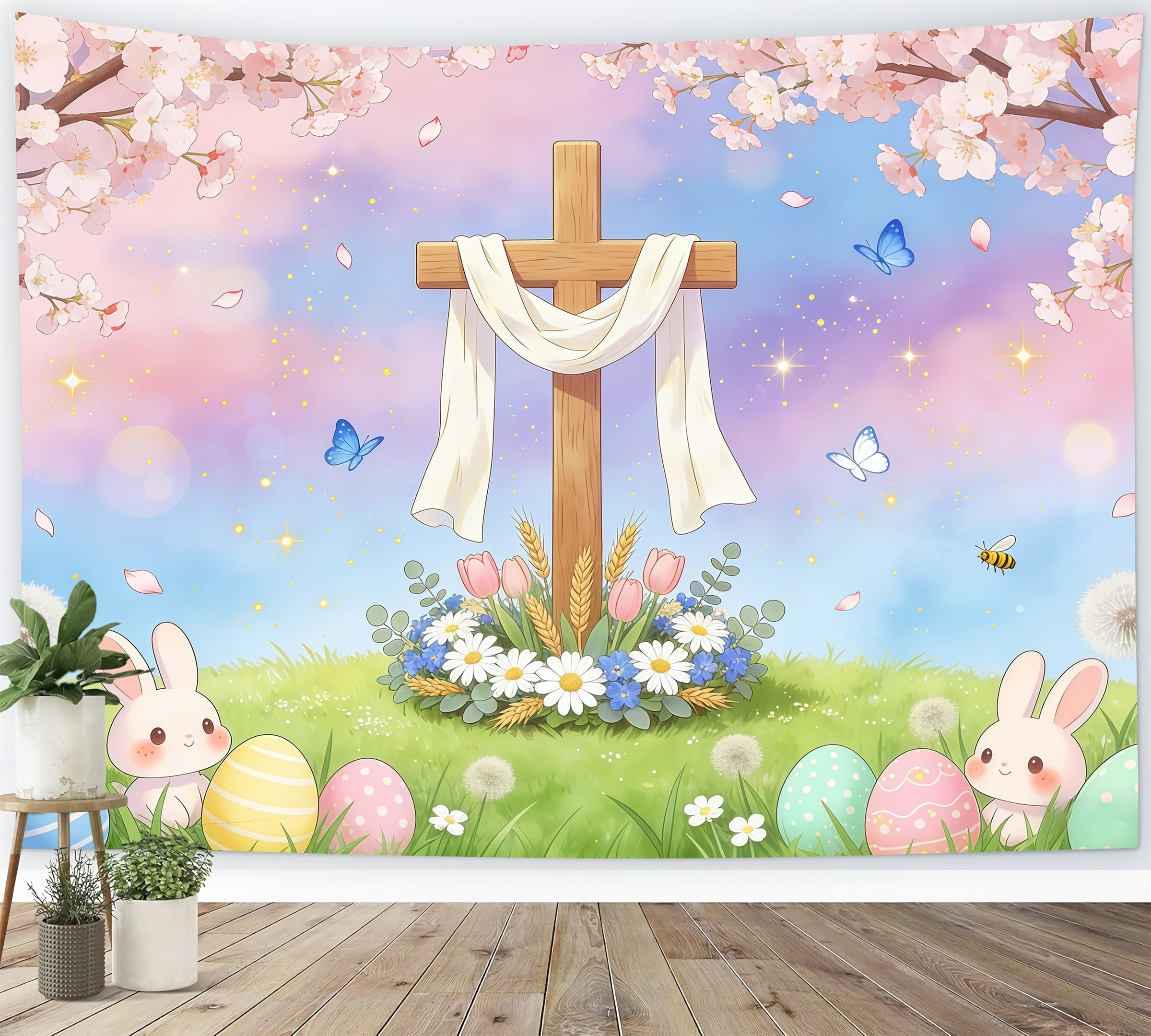 Oster-Hintergrund mit religiösem Motiv Kreuz Hase Ei Pastellfarbener Himmel Ideen für Oster-Hintergründe GQ61-56