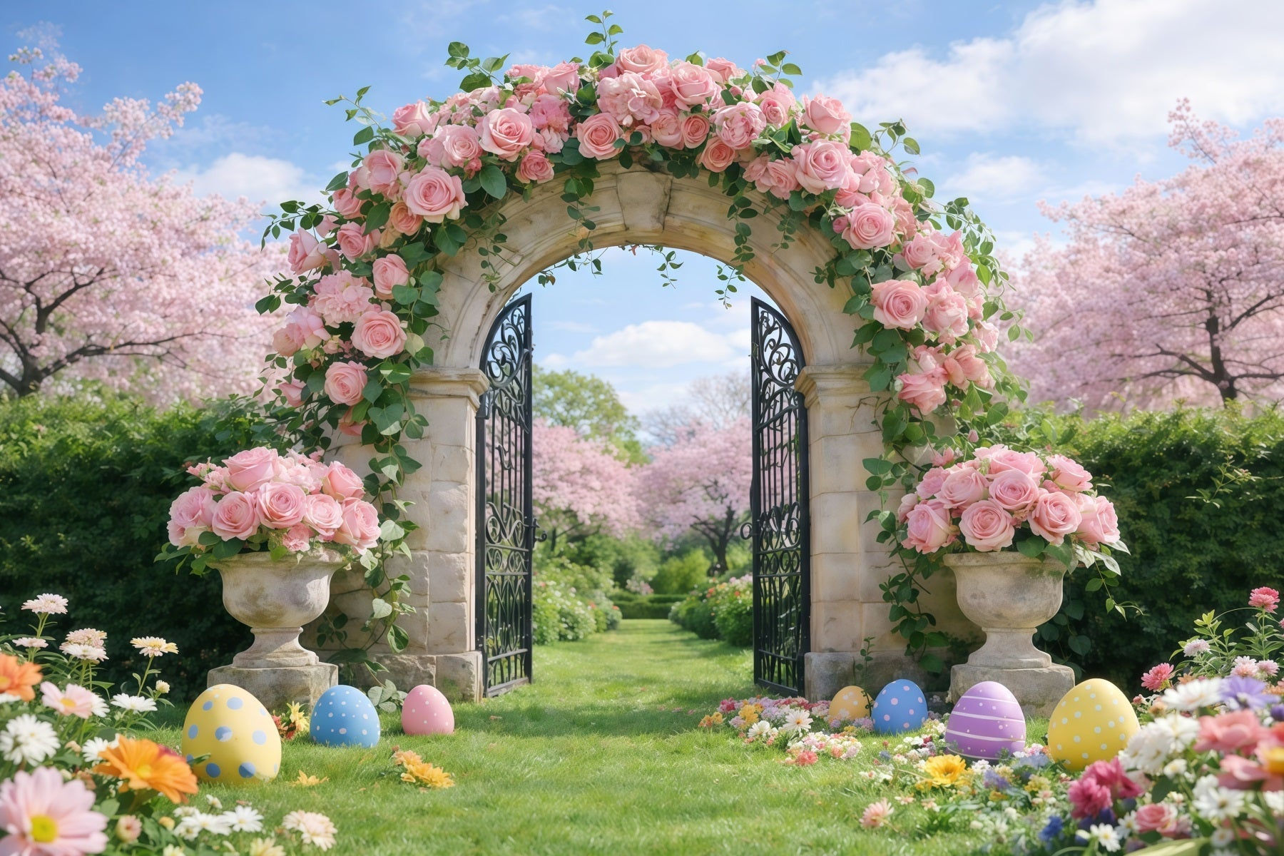 Oster-Hintergrund mit Frühlingsgartenbogen Wildblumenstrauß Gras Einfache Oster-Hintergründe GQ61-58