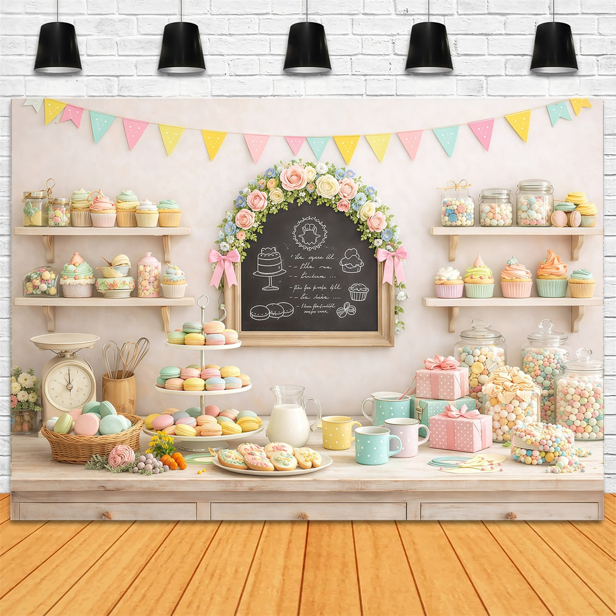 Oster-Desserttisch-Hintergrund Pastellfarbene Macarons Cupcakes Süßigkeiten Oster-Hintergründe für draußen GQ61-59