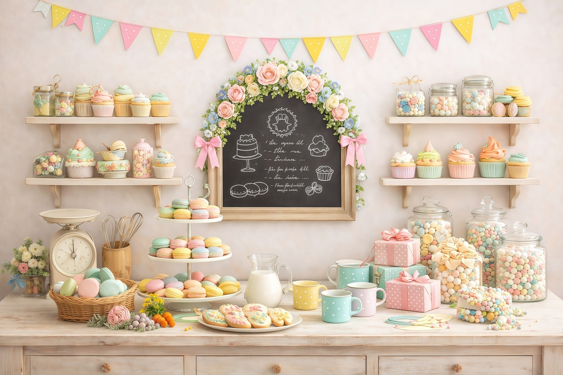 Oster-Desserttisch-Hintergrund Pastellfarbene Macarons Cupcakes Süßigkeiten Oster-Hintergründe für draußen GQ61-59