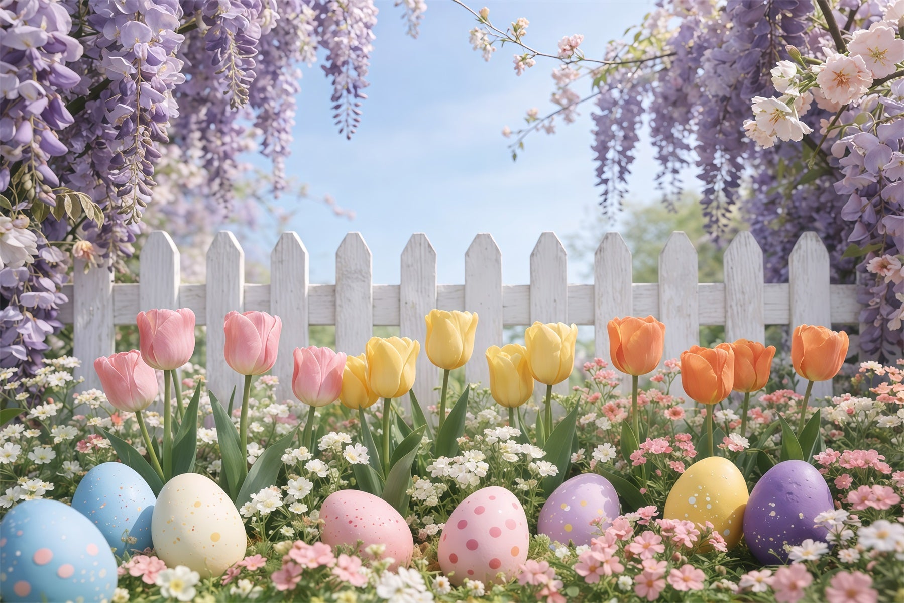 Oster-Lattenzaun-Hintergrund Lavendel-Tulpen-Garten Eier Osterbilder-Hintergrund GQ61-60
