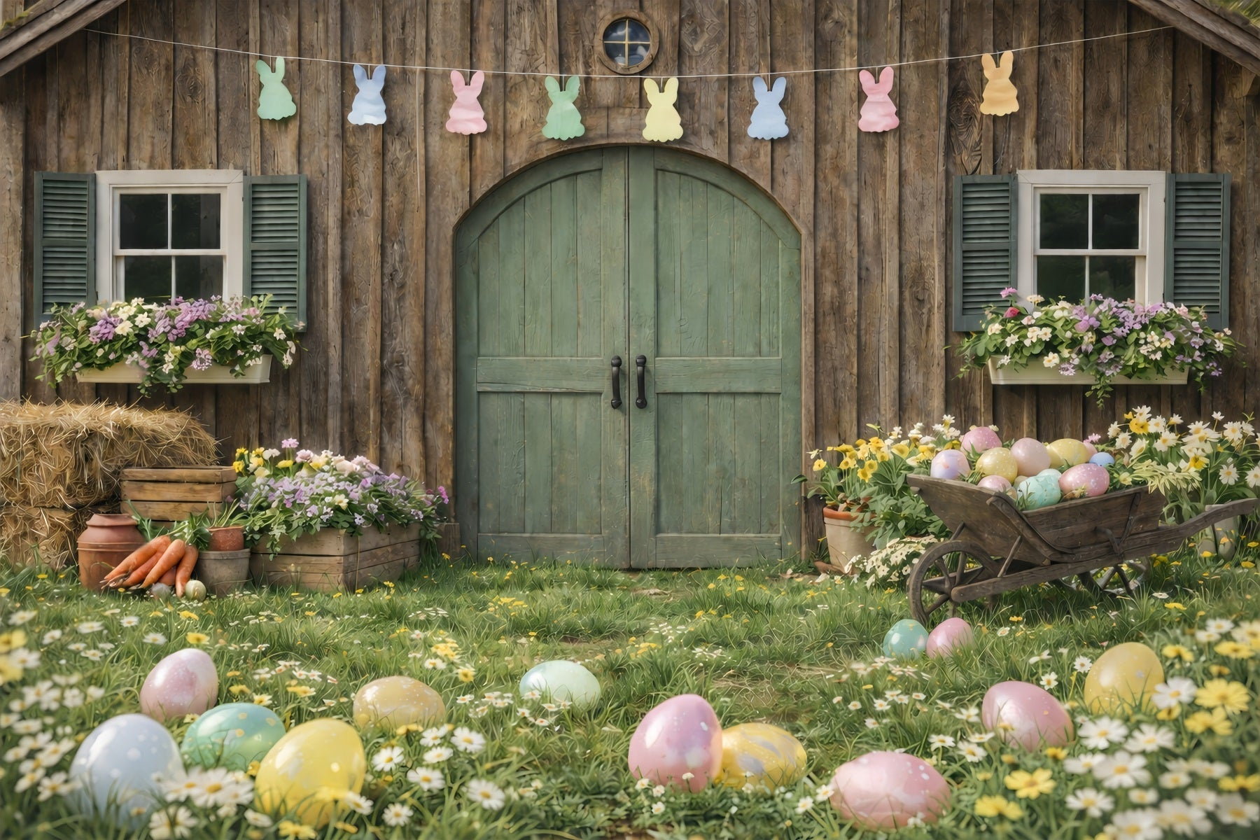Oster-Scheune-Hintergrund Karottenbündel Gänseblümchen Eier Ideen für Oster-Hintergründe im Freien GQ61-62