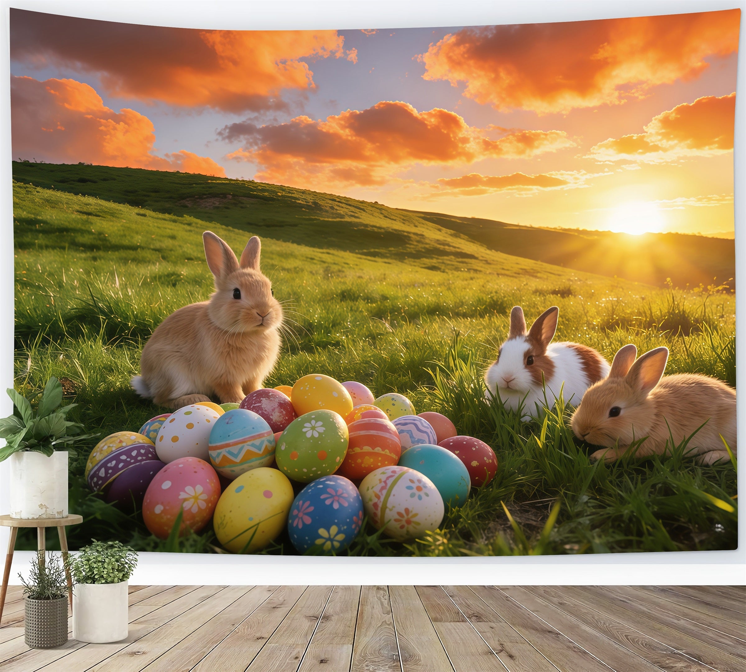 Oster-Sonnenaufgang-Feld-Hintergrund Hasen sammeln Eier Wiese Ostern 2026 Hintergrund GQ61-64