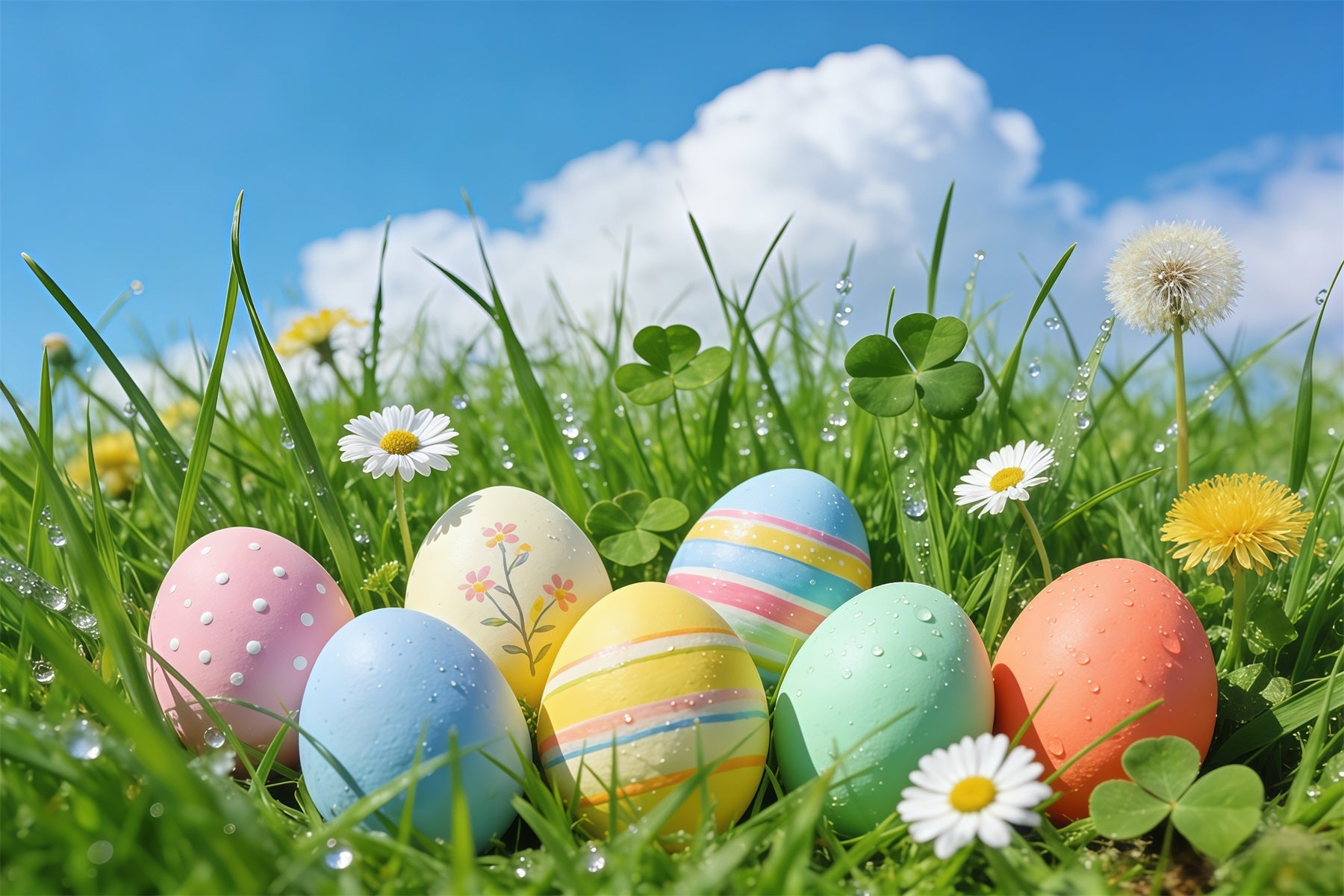 Osterhintergrund mit blauem Himmel, Frühlingsgras und pastellfarbenen Eiern Ideen für Osterhintergründe für Fotokabinen GQ61-65