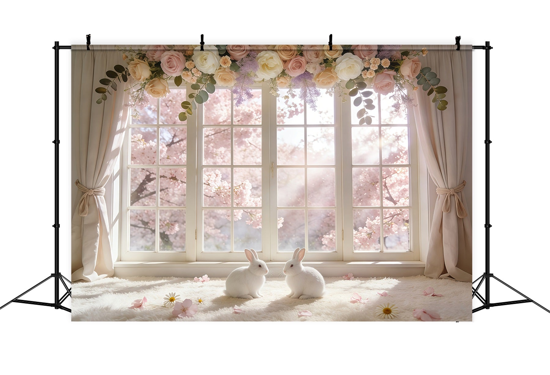 Osterfenster Frühlingslicht-Hintergrund Blütenkranz Hasen Ideen für Osterhintergründe GQ61-67