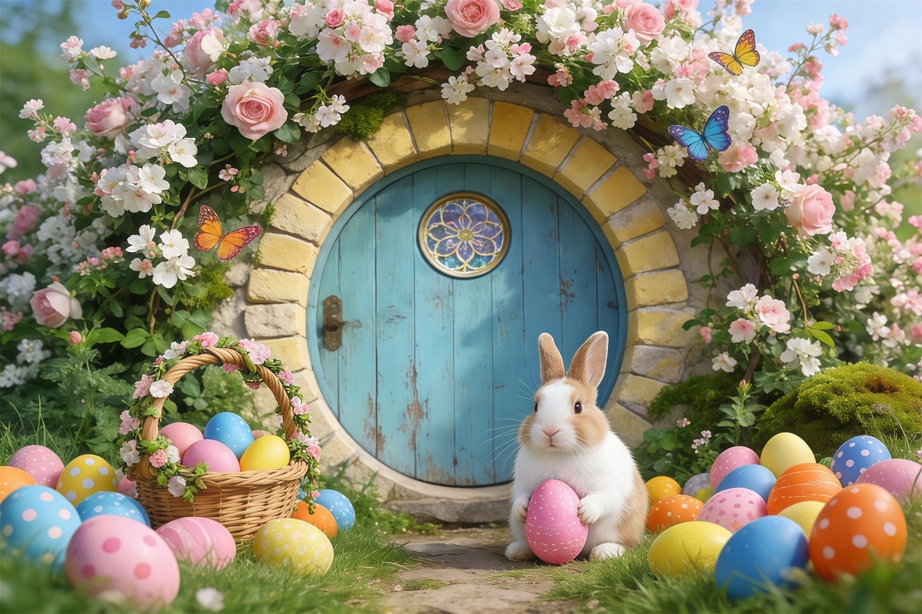 Osterhase-Höhle-Hintergrund Märchenhaus Blumenbogen Oster-Hintergrund Fotos GQ61-68