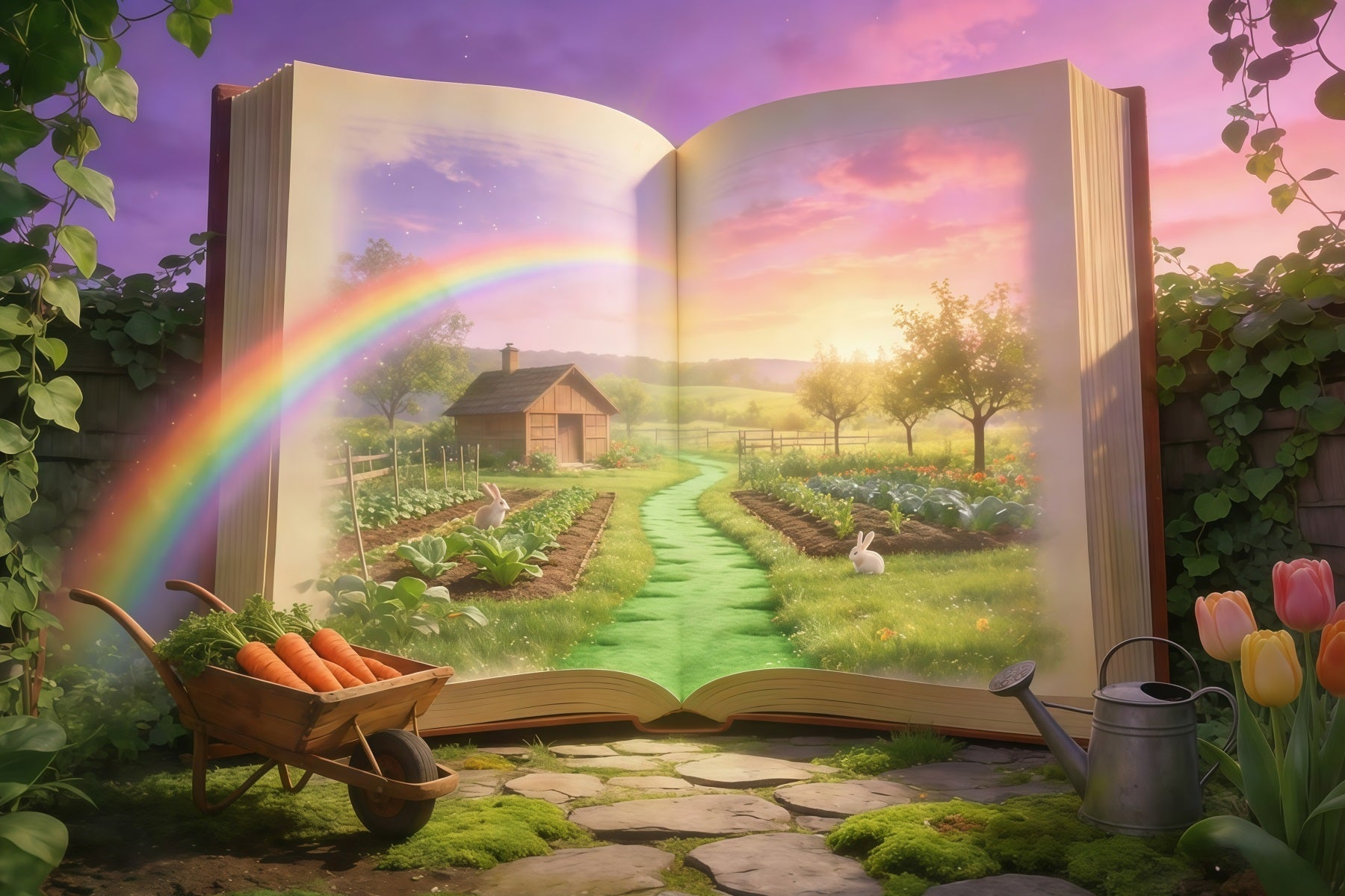 Oster-Märchenbuch-Hintergrund Magisches Buch Gartenhase Oster-Fotokabinen-Hintergrundideen GQ61-69