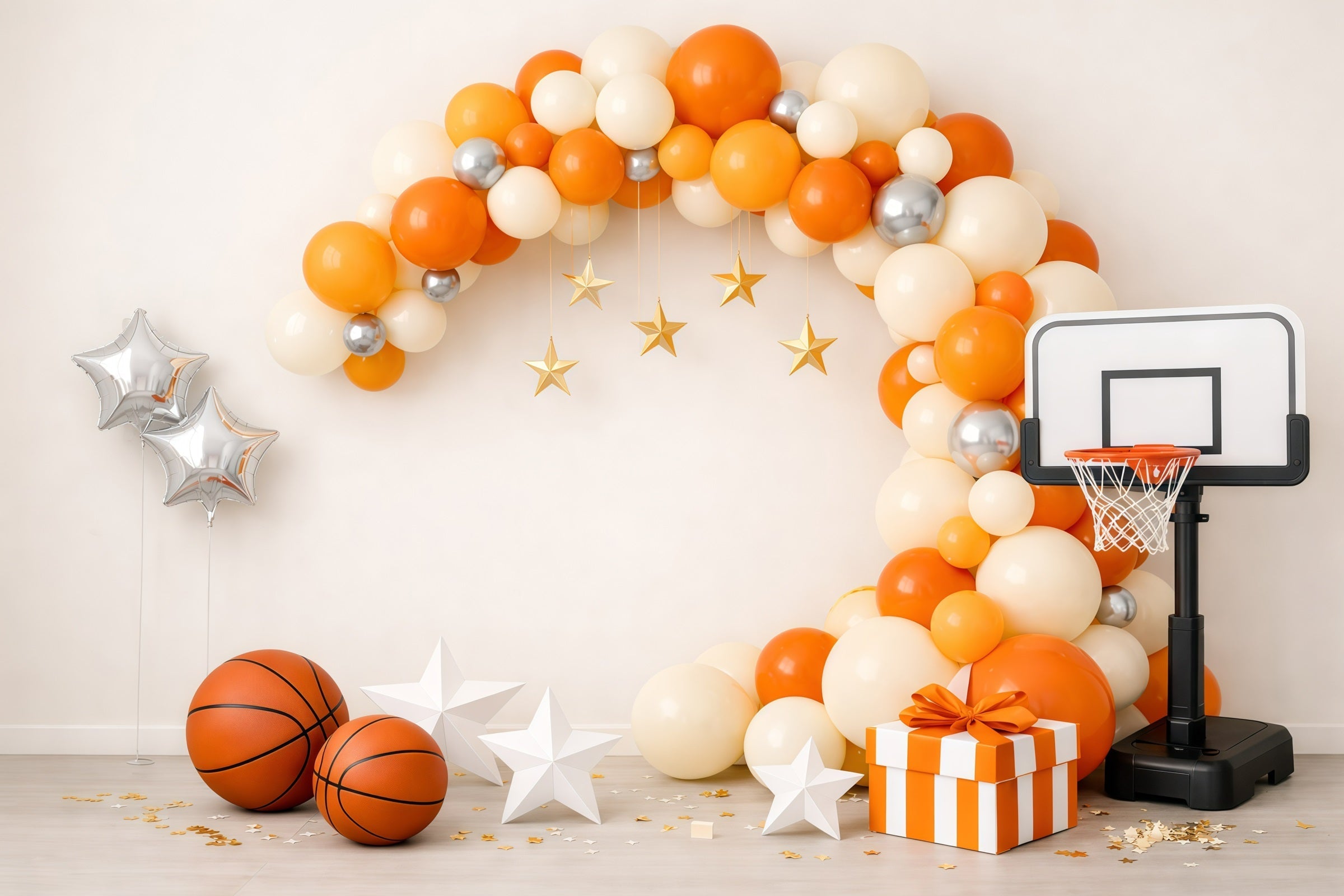 Basketball-Fotohintergrund Orangefarbener Ballonbogen Geschenkbox Sport-Hintergrund GQ61-70