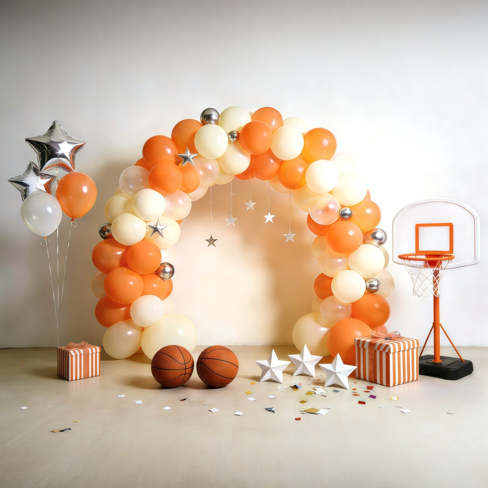 Basketball-Hintergrund für Fotografie Cremefarbener orangefarbener Ballonbogen Sport-Hintergründe GQ61-71