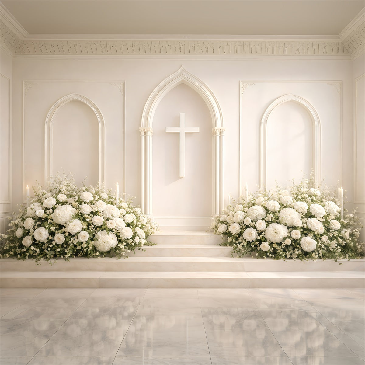 Religiöser Oster-Hintergrund Weiße Blumen Kirche Kreuz Oster-Hintergrund für Fotografie GQ61-8