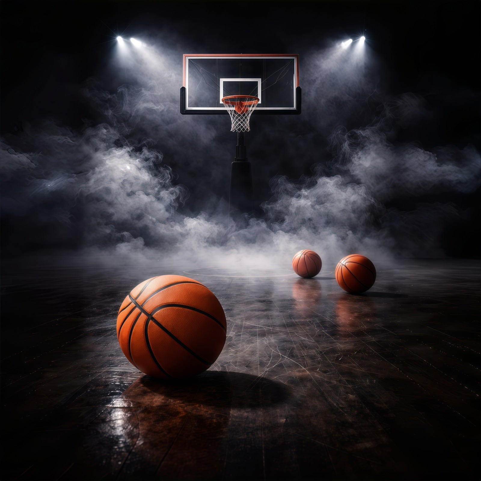 Basketball-Fotohintergrund Rauchstimmungsvoller Scheinwerfer Court Sportfotografie-Hintergründe GQ61-82