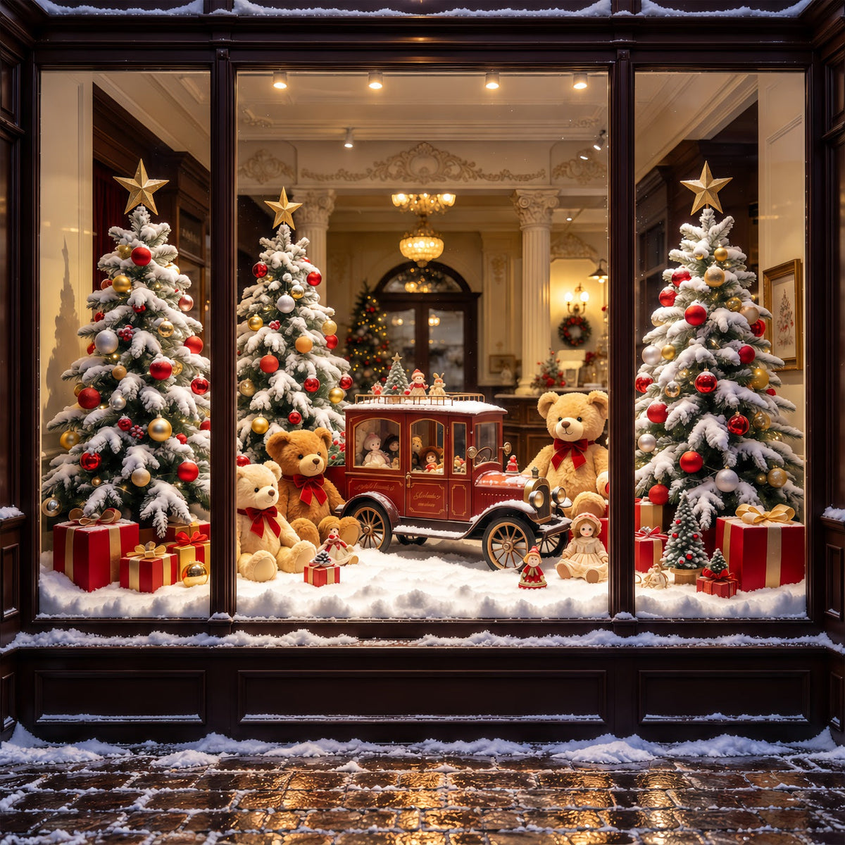 Weihnachtlicher Spielzeugladen-Hintergrund Vintage-Spielzeugauto Fenster GQ610-104