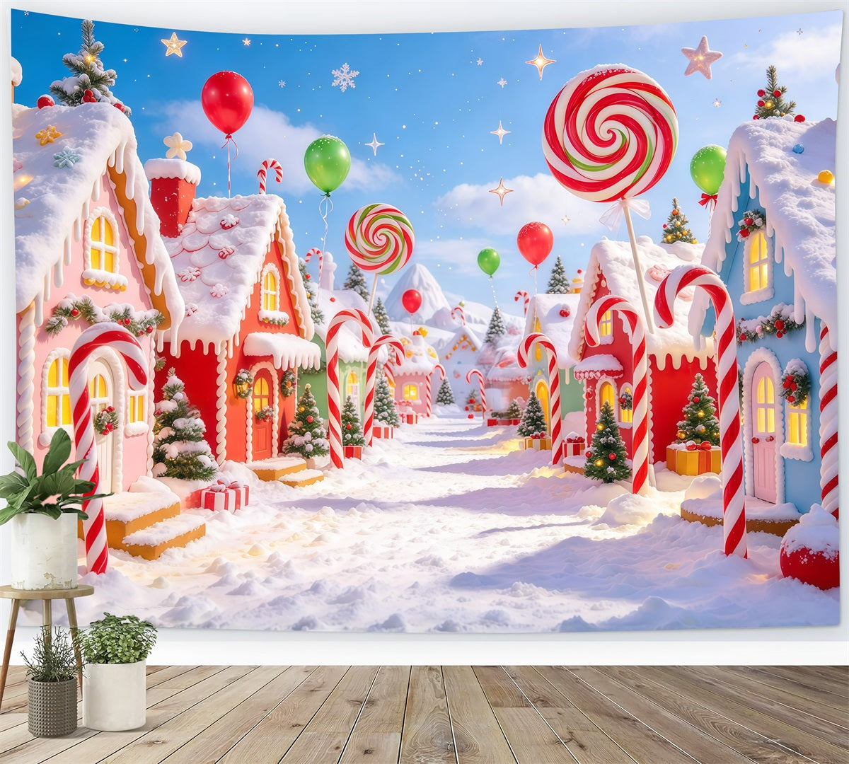 Weihnachtlicher Süßigkeitenland-Hintergrund Riesige Lutscher Süßigkeiten-Dorf GQ610-106