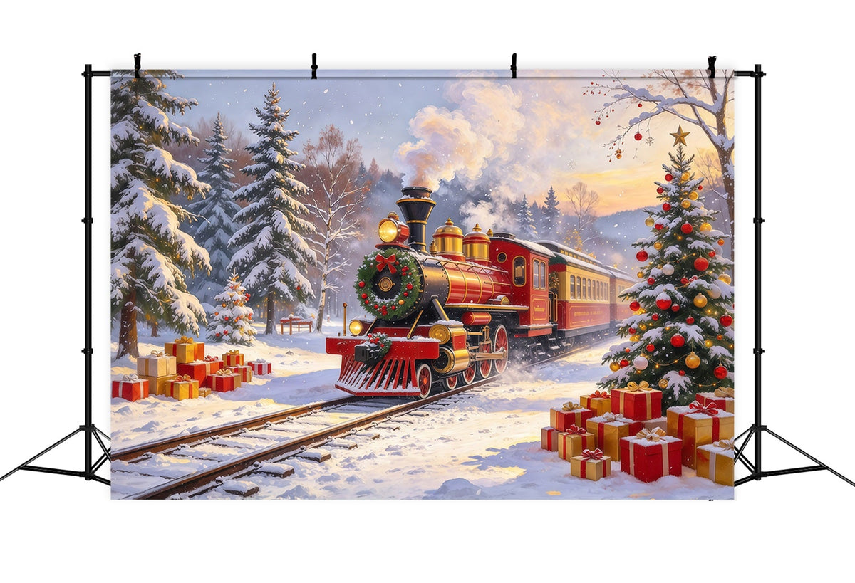 Professioneller Weihnachtshintergrund Rote Dampflok Schneefall Weihnachtsdorf GQ610-107