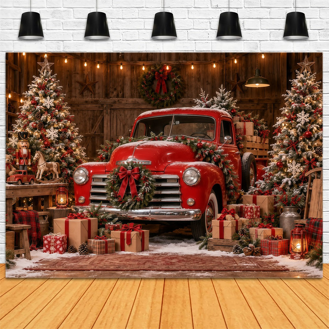 Weihnachtlicher Fotohintergrund Vintage-Roter Truck Werkstatt Frohe Weihnachten GQ610-124