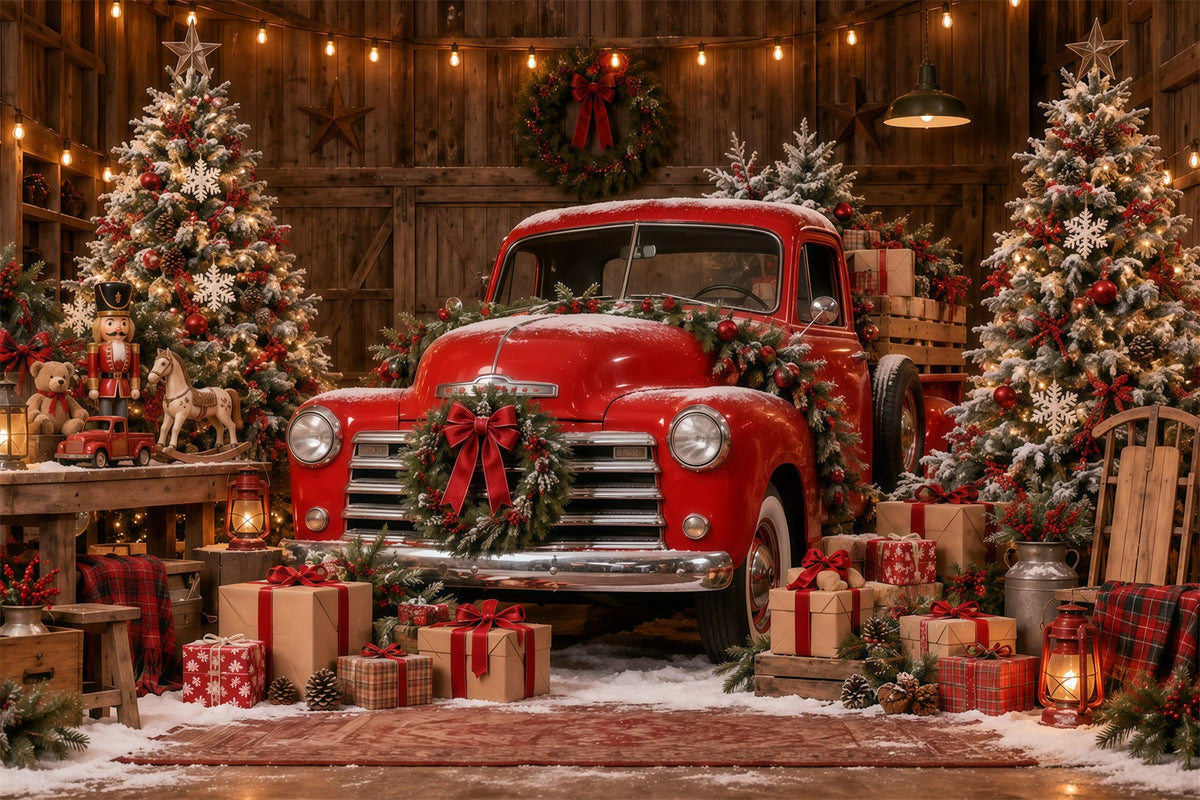 Weihnachtlicher Fotohintergrund Vintage-Roter Truck Werkstatt Frohe Weihnachten GQ610-124